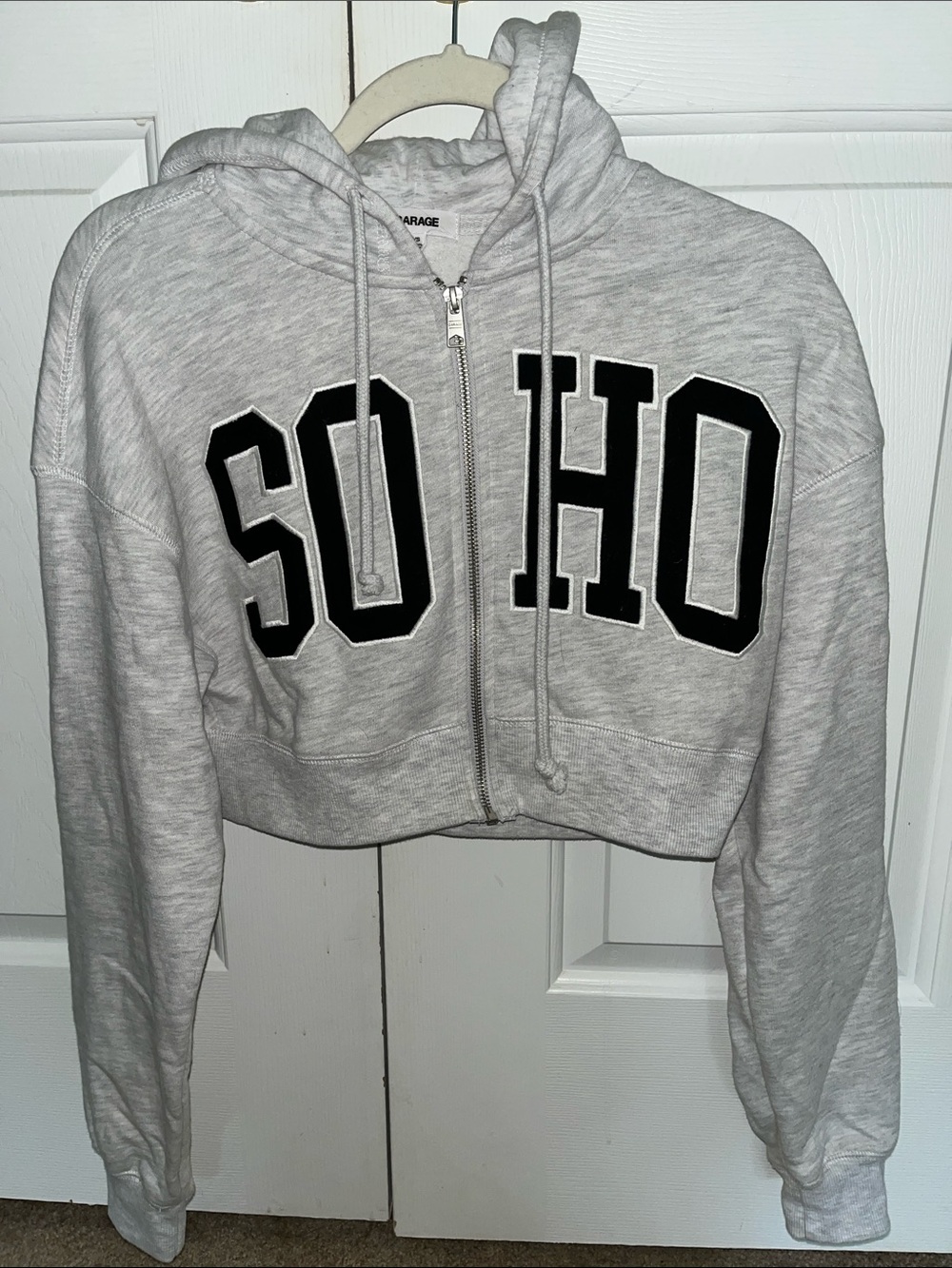 Garage SOHO Cropped Zip-Up Hoodie - Light Gray with navy Lettering